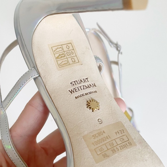 NEW Stuart Weitzman Mondrian 100 Sandal Heel Holographic Silver Aurora Chrome - Picture 8 of 9